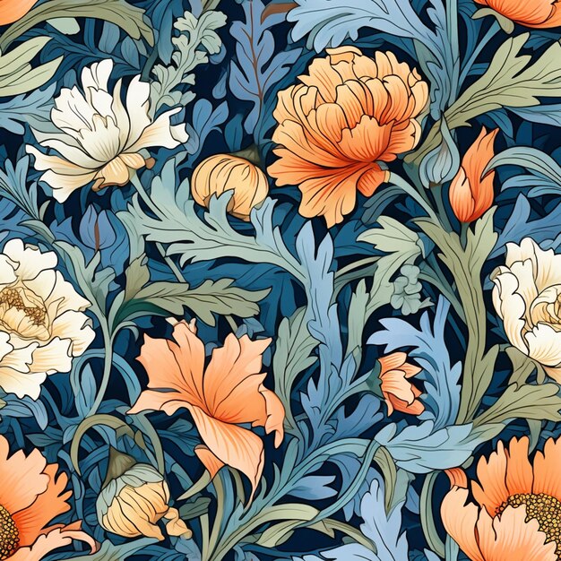 un gros plan d'un motif floral avec des fleurs et des feuilles orange ai génératif