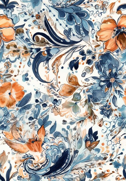 Un gros plan d'un motif floral avec des fleurs orange et bleues générative ai