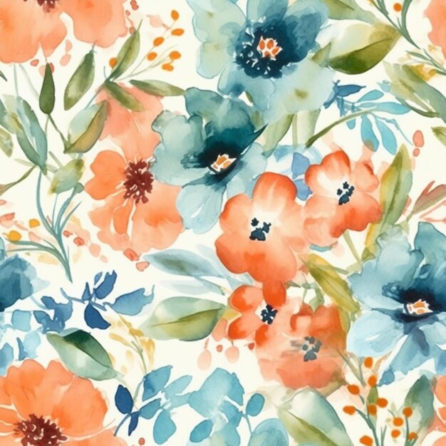 Photo un gros plan d'un motif floral avec des fleurs orange et bleues