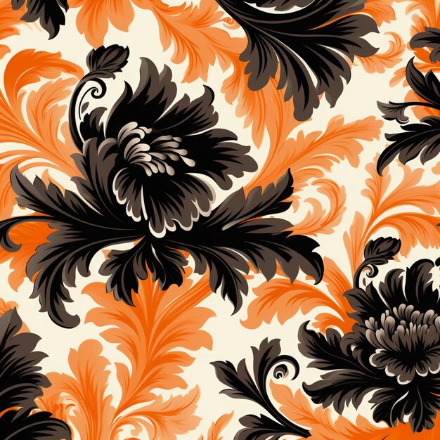 un gros plan d'un motif floral avec des fleurs orange et noires