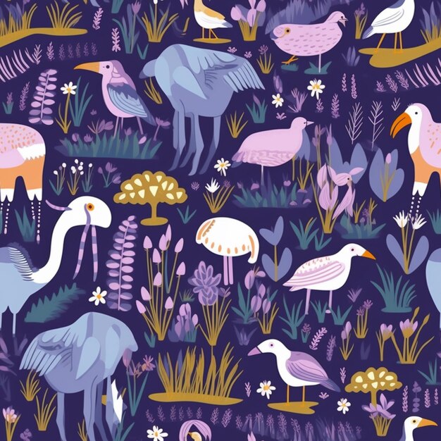 Un gros plan d'un motif d'oiseaux et de fleurs sur un fond violet