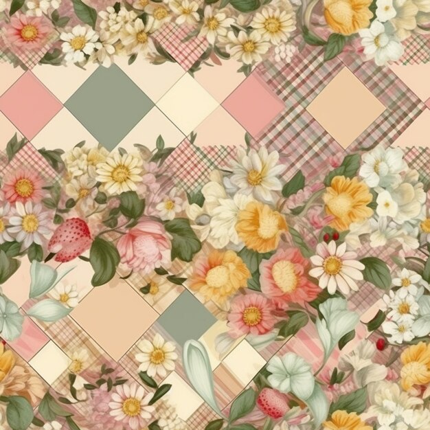un gros plan d'un motif de patchwork avec des fleurs et des feuilles génératives ai