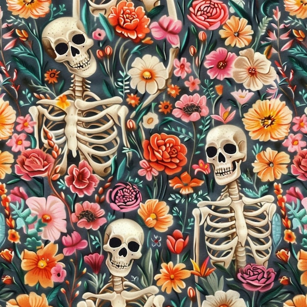 un gros plan d'un motif de squelettes et de fleurs génératifs ai