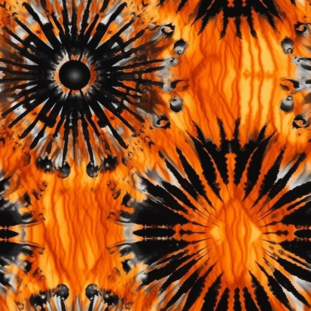 Un gros plan d'un motif de teinture de cravate avec un ai génératif de fleur noire et orange