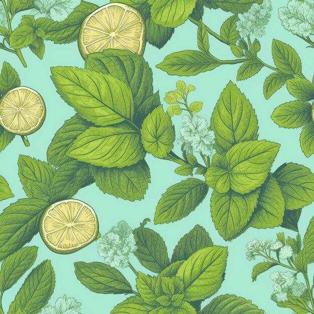 un gros plan d'un motif de tranches de citron et de feuilles générative ai