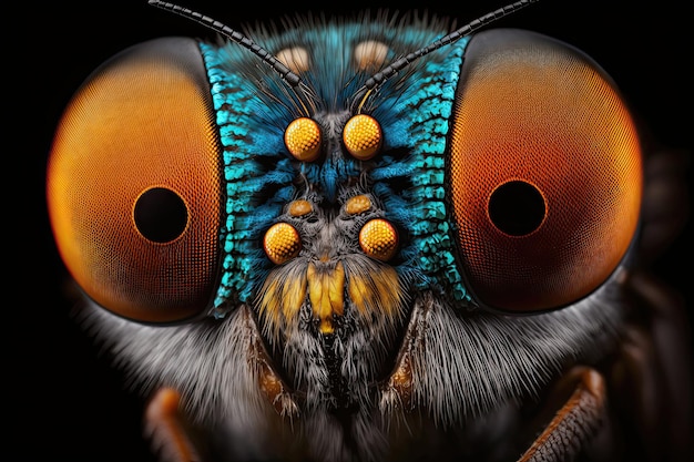 Un gros plan d'une mouche bleue aux yeux orange