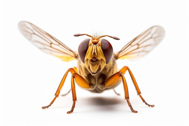 Un gros plan d'une mouche avec un fond blanc