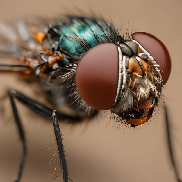 un gros plan d'une mouche avec un œil brun et un nez noir