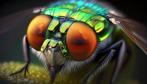 Un gros plan d'une mouche verte avec les yeux verts et le mot voler dessus