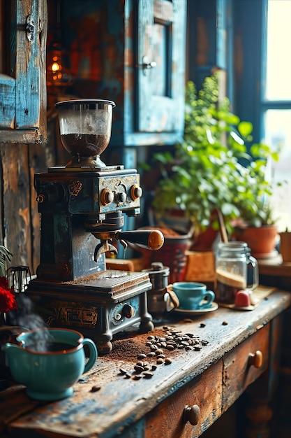 Un gros plan d'un moulin à café antique sur la vieille table en bois dans la cuisine de la maison rétro