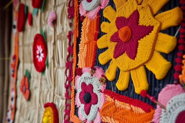 un gros plan d'un mur avec un bouquet de fleurs crochetées dessus