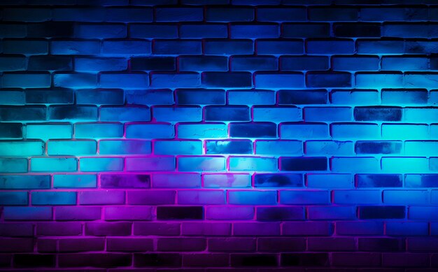 un gros plan d'un mur de briques avec une lumière bleue et violette IA générative