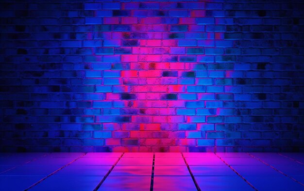 un gros plan d'un mur de briques avec une lumière rouge et bleue générative ai