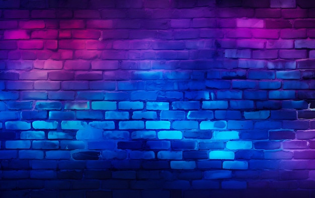 un gros plan d'un mur de briques avec une lumière violette et bleue IA générative