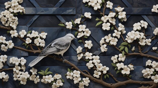 Un gros plan d'un mur avec un motif de fleurs blanches