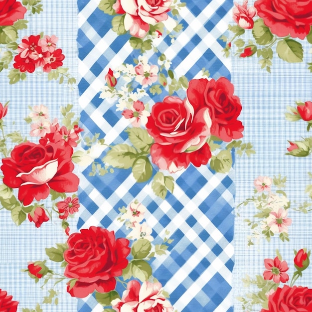 Un gros plan d'une nappe à carreaux bleu et blanc avec des roses rouges ai générative