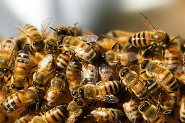 gros plan nid d'abeille avec abeille et miel