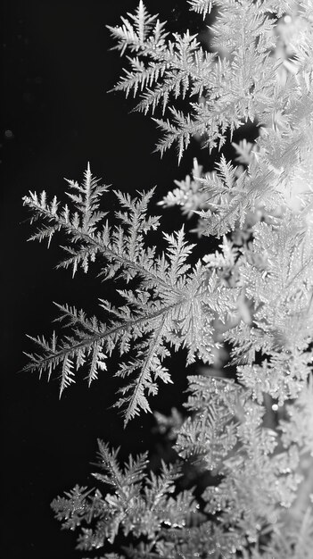 Un gros plan noir et blanc du gel sur une fenêtre