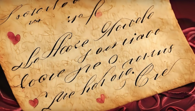 Un gros plan d'une note d'amour écrite en cursive élégante sur parchemin vintage