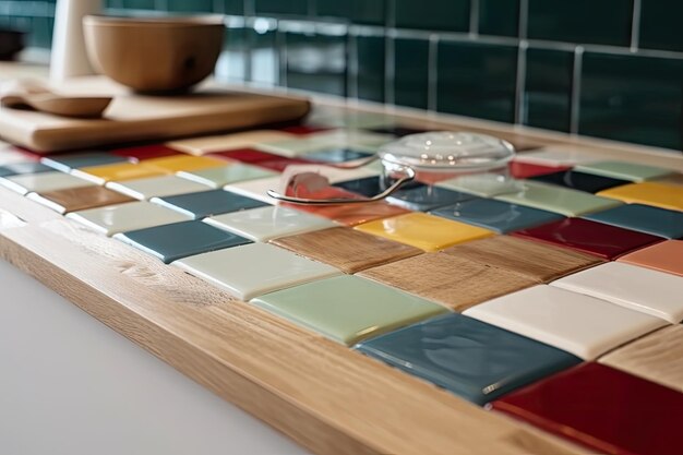 Gros plan sur un nouveau comptoir de cuisine avec des carreaux de céramique colorés et un tableau créé avec une IA générative