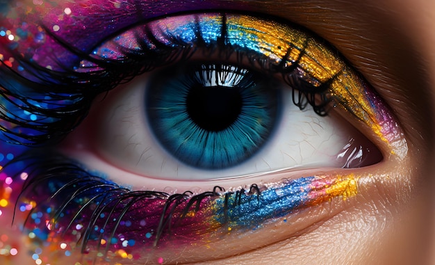 Gros plan de l'oeil d'une belle femme Iris de couleur abstraite Longs cils et maquillage avec des paillettes AI générative