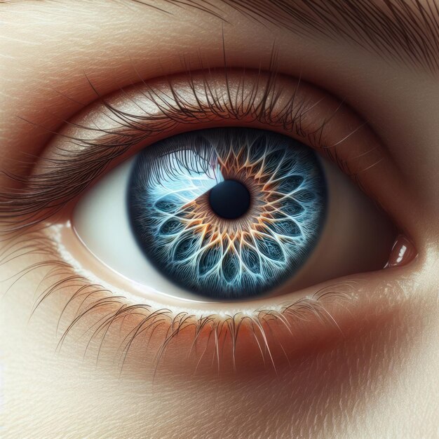 un gros plan d'un œil bleu avec un œil bleue qui a un œil Bleu