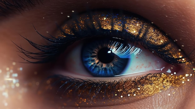 Un gros plan d'un oeil bleu avec des paillettes d'or et des paillettes dessus