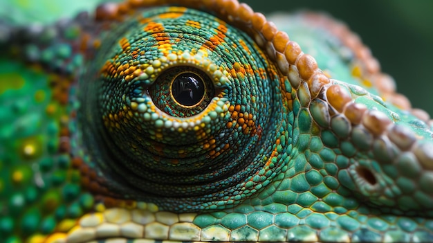 Un gros plan de l'œil d'un caméléon L'œil est d'une couleur vert vif avec une pupille noire