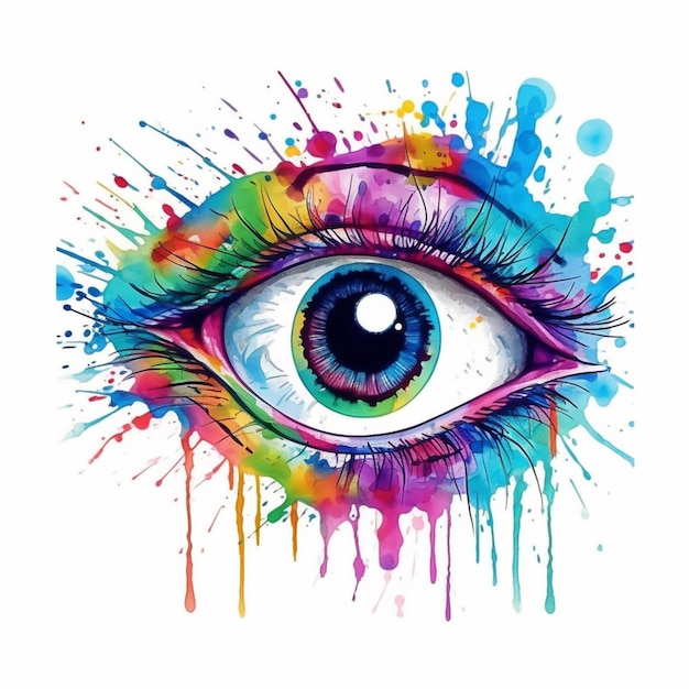 Un gros plan d'un œil coloré avec des éclaboussures de peinture aquarelle ai générative