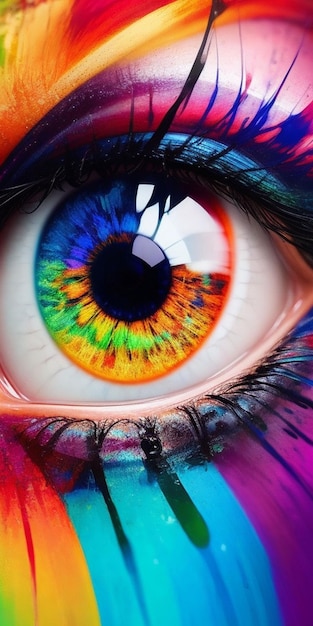 Un gros plan d'un œil coloré avec le mot arc-en-ciel dessus