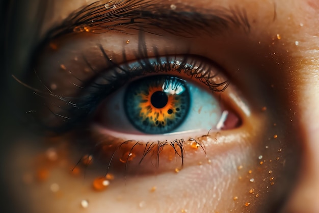 Un gros plan de l'oeil d'une femme aux yeux orange et bleu