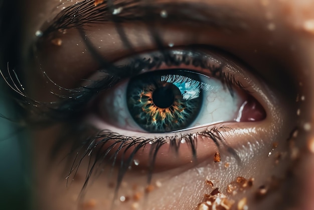 Un gros plan de l'œil d'une femme avec un œil bleu et des yeux orange et rouges.