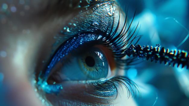 Un gros plan de l'œil d'une femme avec un ombre-l'œil bleu et du mascara sur ses cils