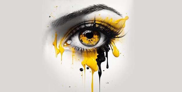 Un gros plan de l'oeil d'une femme avec de la peinture jaune et de la peinture noire et blanche.