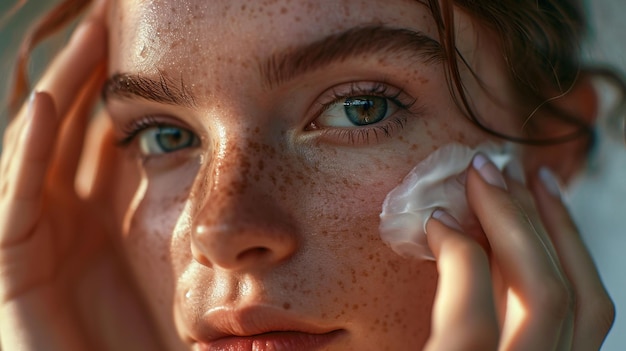 Gros plan de l'oeil de femme avec des taches de rousseur Gros plan détaillé de l'oeil d'une jeune femme mis en évidence par natu