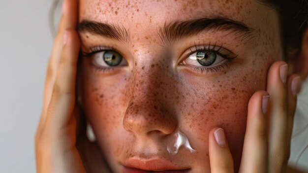 Gros plan de l'oeil de femme avec des taches de rousseur Gros plan détaillé de l'oeil d'une jeune femme mis en évidence par natu