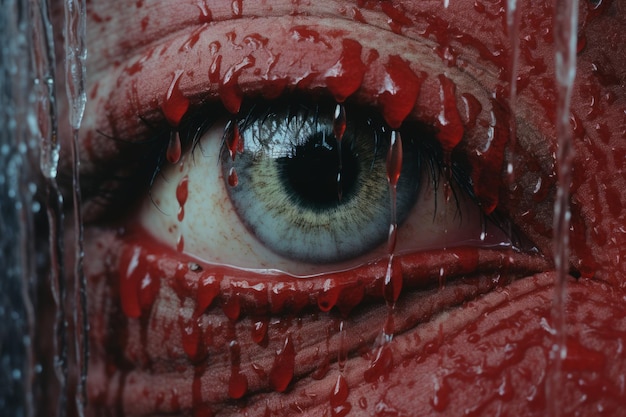 un gros plan de l'œil d'un homme couvert de sang