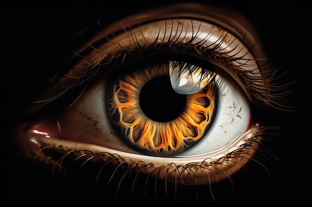 Un gros plan d'un œil humain avec le feu dessus