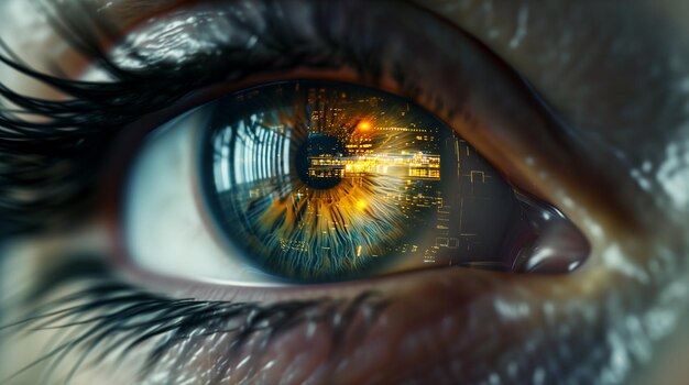 Photo un gros plan d'un œil humain avec un implant cybernétique futuriste généré par l'ia
