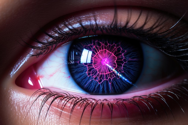 Gros plan de l'œil humain avec rendu 3D de l'iris brillant Une image de correction de la vision au laser en gros plan générée par l'IA