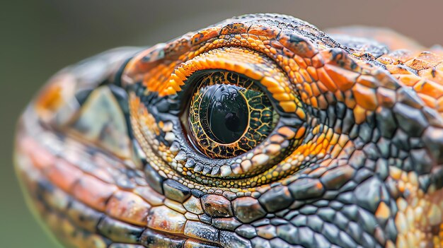 Un gros plan de l'œil d'un iguane vert L'œil de l'iguane est d'une couleur orange vif avec une pupille noire