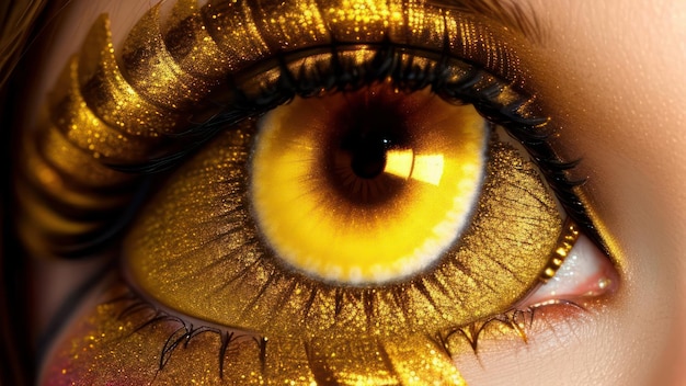 Un gros plan d'un œil d'or avec le mot or dessus.