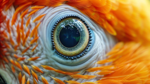 Un gros plan de l'œil d'un perroquet L'œil est d'une couleur bleu foncé avec une pupille noire et un iris jaune