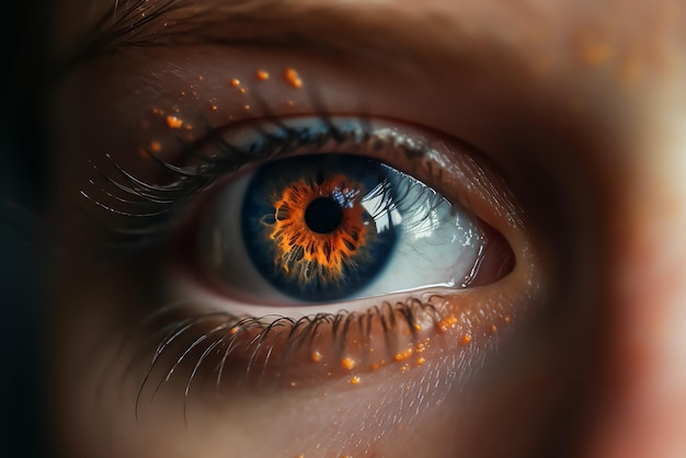 Un gros plan de l'œil d'une personne avec des iris orange et jaune.