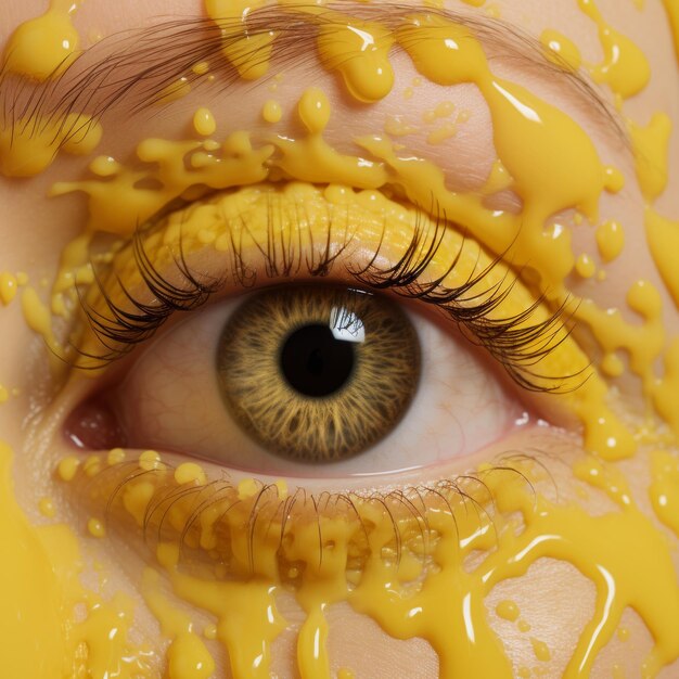 Photo un gros plan de l'œil d'une personne avec un liquide jaune dessus