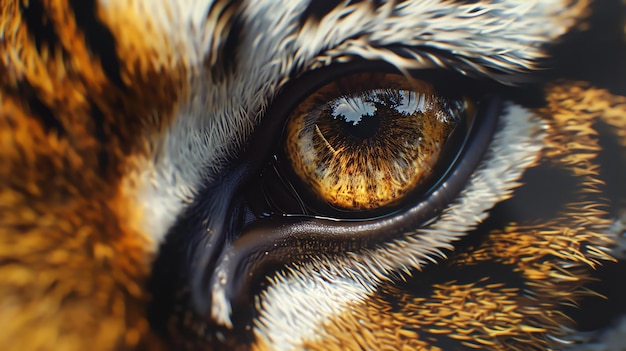 Photo un gros plan de l'œil d'un tigre avec le reflet d'une scène de jungle dans la pupille