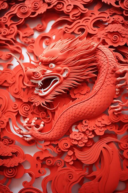 un gros plan d'œuvres d'art découpées sur papier dépeignant des animaux dragons ou des symboles propices