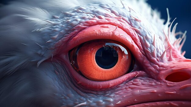 Un gros plan d'un oiseau aux yeux rouges avec une texture intense et des dessins inventifs