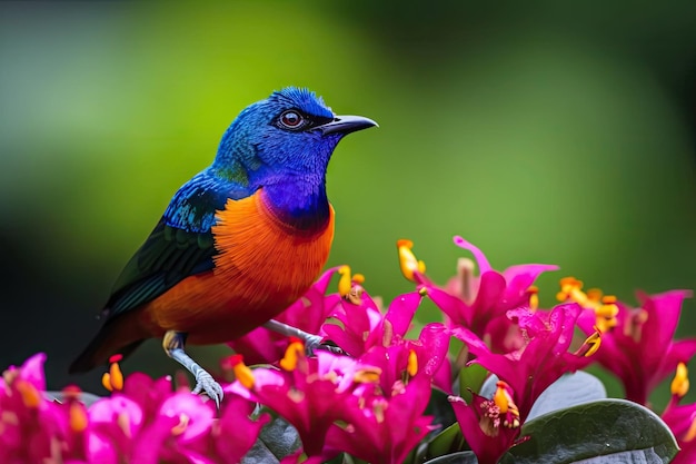 Gros plan d'un oiseau coloré perché sur une fleur créée avec une IA générative