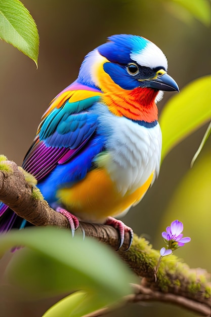 En gros plan, un oiseau exotique coloré, un paysage forestier, un fond bleu.